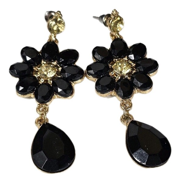 Vintage Style Black Crystal Flower Dangle Drop Earrings Gold Tone Yellow Accents - Picture 1 of 6